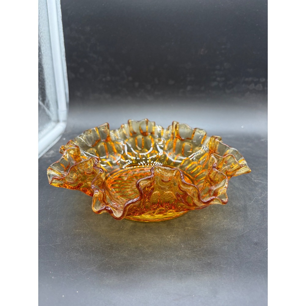 Vintage Amber Carnival Glass Ruffled Bowl Marigold Thumbprint Pattern 8 Inch
